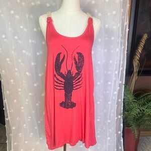 Coral Sleeveless Midi Dress with Lobster Print